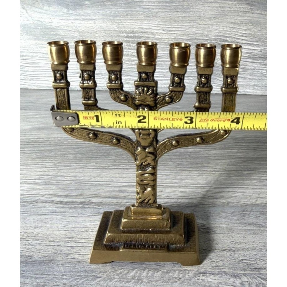 Vtg Brass Menorah Judaism 7 Branch Arms 5" x 4" Hen-Holon Israel Hanukkah - Picture 9 of 10
